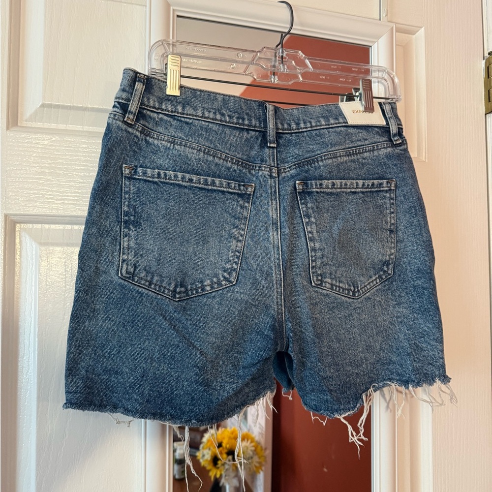 Express High Waisted Medium Wash Raw Hem Midi Jean Shorts - Picture 3 of 6
